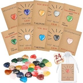R'Hllor Valentines Day Gifts for Kids - 24 PCS Prected Gem Cards & Heart Natural Crystal Gefts for Boys ، Girls ، Exchange Class -stall