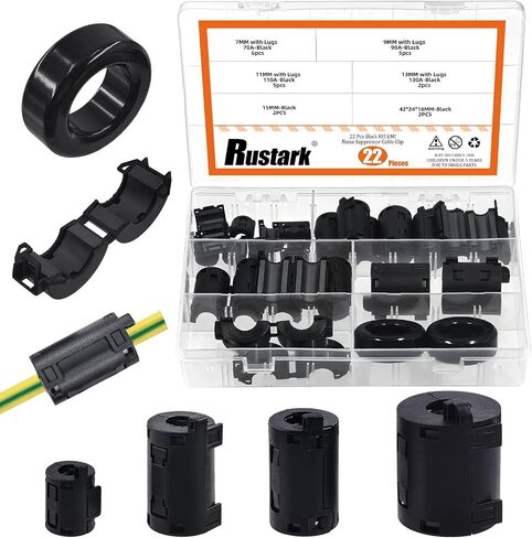 32Pcs 7 Sizes Black Clip-on Ferrite Ring Core Toroid Core Ferrite Cores Assortment Kit RFI EMI Ferrite Bead Clip Noise Suppressor Filter Cable Clip for 3.5/5/7/9/13/15/42x24x16mm Dia. Cable in Kuwait