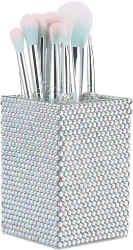 KEYPOWER Acrylic Pencil Pen Holder Cup Decorated with Bling Rhinestone Makeup Brush Holder Modern Desktop Stationery Accessories (White&AB) in Kuwait