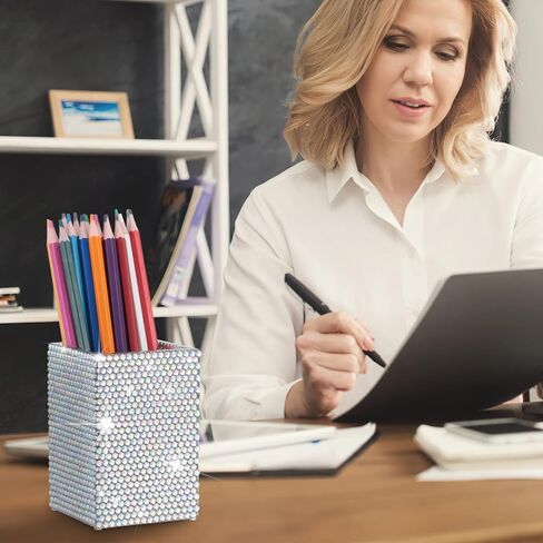 KEYPOWER Acrylic Pencil Pen Holder Cup Decorated with Bling Rhinestone Makeup Brush Holder Modern Desktop Stationery Accessories (White&AB) in Kuwait