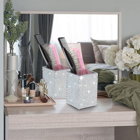 KEYPOWER Acrylic Pencil Pen Holder Cup Decorated with Bling Rhinestone Makeup Brush Holder Modern Desktop Stationery Accessories (White&AB) in Kuwait