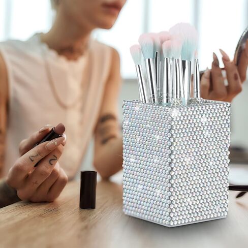 KEYPOWER Acrylic Pencil Pen Holder Cup Decorated with Bling Rhinestone Makeup Brush Holder Modern Desktop Stationery Accessories (White&AB) in Kuwait