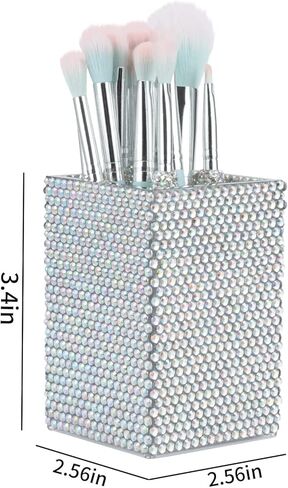 KEYPOWER Acrylic Pencil Pen Holder Cup Decorated with Bling Rhinestone Makeup Brush Holder Modern Desktop Stationery Accessories (White&AB) in Kuwait