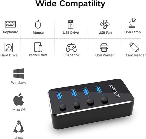 Powered USB Hub, RSHTECH 4 Port USB 3.0 Hub Splitter Portable Aluminum USB Data Hub Expander with Individual On/Off Switch and Universal 5V AC Adapter, 3.3ft USB 3.0 Cable (RSH-516) in Kuwait