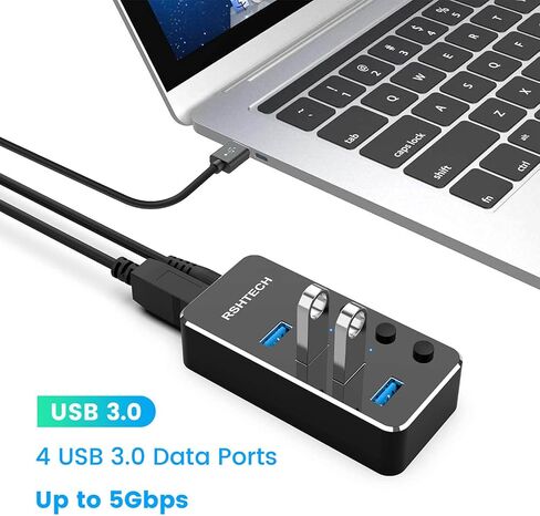 Powered USB Hub, RSHTECH 4 Port USB 3.0 Hub Splitter Portable Aluminum USB Data Hub Expander with Individual On/Off Switch and Universal 5V AC Adapter, 3.3ft USB 3.0 Cable (RSH-516) in Kuwait
