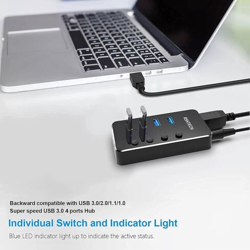 Powered USB Hub, RSHTECH 4 Port USB 3.0 Hub Splitter Portable Aluminum USB Data Hub Expander with Individual On/Off Switch and Universal 5V AC Adapter, 3.3ft USB 3.0 Cable (RSH-516) in Kuwait