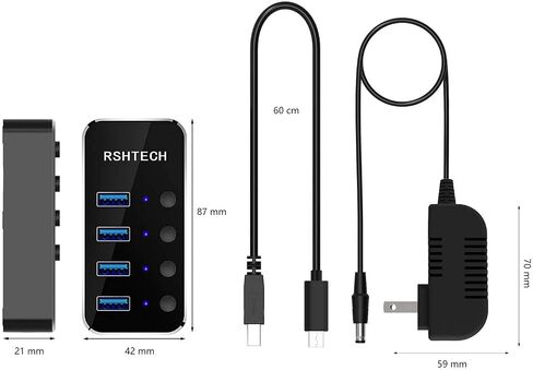 Powered USB Hub, RSHTECH 4 Port USB 3.0 Hub Splitter Portable Aluminum USB Data Hub Expander with Individual On/Off Switch and Universal 5V AC Adapter, 3.3ft USB 3.0 Cable (RSH-516) in Kuwait