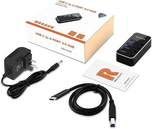 Powered USB Hub, RSHTECH 4 Port USB 3.0 Hub Splitter Portable Aluminum USB Data Hub Expander with Individual On/Off Switch and Universal 5V AC Adapter, 3.3ft USB 3.0 Cable (RSH-516) in Kuwait