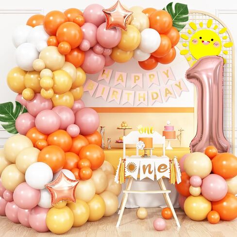 Boho 1st Birthday Party Decorations for Girls, Number 1 Rose Gold Star Balloons Dusty Pink and Yellow Orange White Balloons Arch Kit Birthday Banner for Sun Party 1st Birthday Baby Shower Supplies in Saudi Arabia