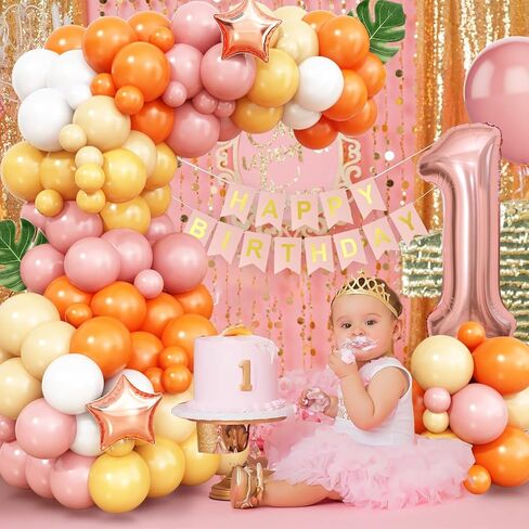 Boho 1st Birthday Party Decorations for Girls, Number 1 Rose Gold Star Balloons Dusty Pink and Yellow Orange White Balloons Arch Kit Birthday Banner for Sun Party 1st Birthday Baby Shower Supplies in Saudi Arabia