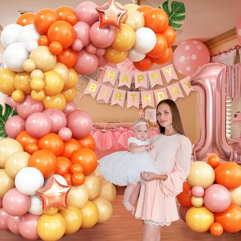Boho 1st Birthday Party Decorations for Girls, Number 1 Rose Gold Star Balloons Dusty Pink and Yellow Orange White Balloons Arch Kit Birthday Banner for Sun Party 1st Birthday Baby Shower Supplies in Saudi Arabia