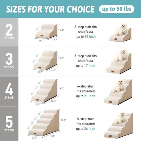 Curved Dog Stairs for Chair, Small Dogs Steps for Cat, Sofa or Couch, Pet Ramp with Leakproof Fabric Cover, Lightweight, High Density Foam, Durable, 15.7x19.7x11.8in, 2 Tiers, White Black in Kuwait