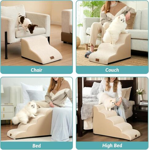 Curved Dog Stairs for Chair, Small Dogs Steps for Cat, Sofa or Couch, Pet Ramp with Leakproof Fabric Cover, Lightweight, High Density Foam, Durable, 15.7x19.7x11.8in, 2 Tiers, White Black in Kuwait