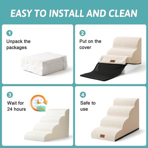 Curved Dog Stairs for Chair, Small Dogs Steps for Cat, Sofa or Couch, Pet Ramp with Leakproof Fabric Cover, Lightweight, High Density Foam, Durable, 15.7x19.7x11.8in, 2 Tiers, White Black in Kuwait