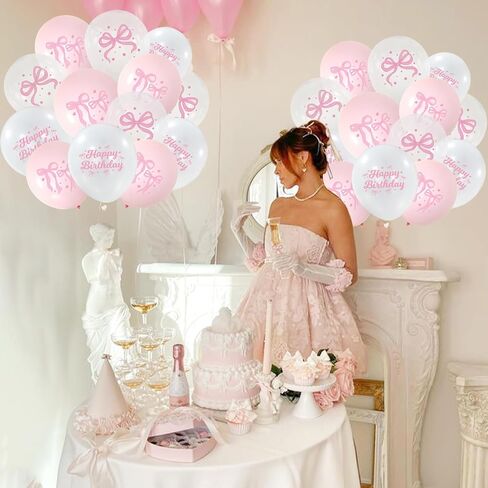 Coquette 48 Pink Bow Balloons - Birthday Decorations with Bow Light Pink & White Balloons in Saudi Arabia