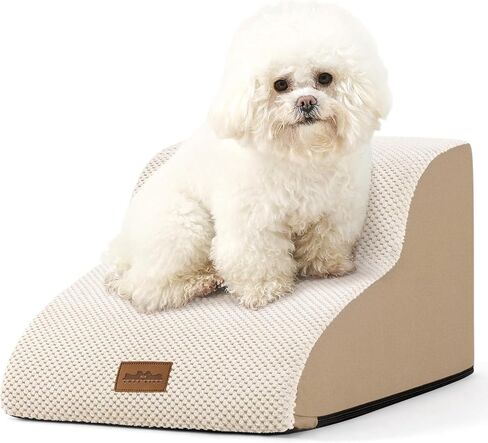 Curved Dog Stairs for Chair, Small Dogs Steps for Cat, Sofa or Couch, Pet Ramp with Leakproof Fabric Cover, Lightweight, High Density Foam, Durable, 15.7x19.7x11.8in, 2 Tiers, White Black in Kuwait