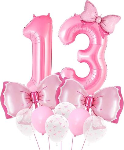 Coquette Birthday Decorations, Pink Bow Balloons Set with 40-Inch Number 13 Balloon, Pink Bow Birthday Decorations for Girls (Pink 13) in Kuwait