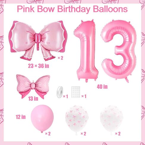 Coquette Birthday Decorations, Pink Bow Balloons Set with 40-Inch Number 13 Balloon, Pink Bow Birthday Decorations for Girls (Pink 13) in Kuwait