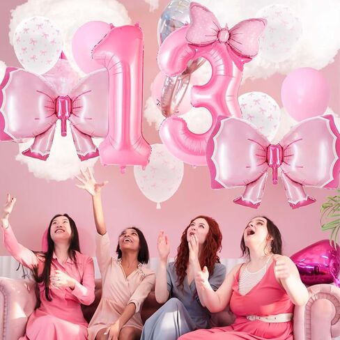 Coquette Birthday Decorations, Pink Bow Balloons Set with 40-Inch Number 13 Balloon, Pink Bow Birthday Decorations for Girls (Pink 13) in Kuwait