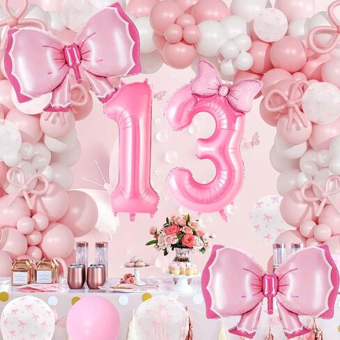 Coquette Birthday Decorations, Pink Bow Balloons Set with 40-Inch Number 13 Balloon, Pink Bow Birthday Decorations for Girls (Pink 13) in Kuwait