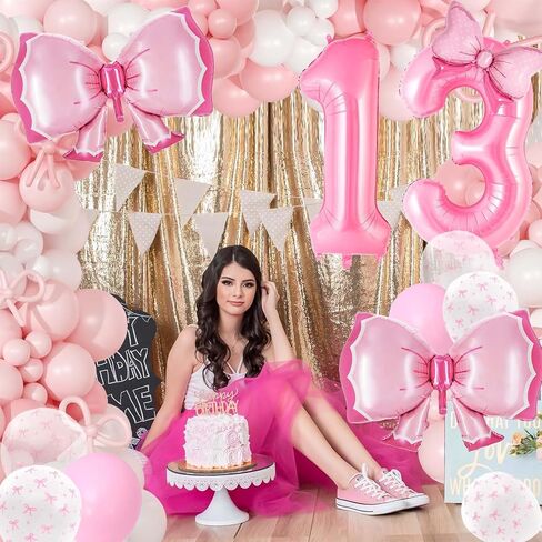Coquette Birthday Decorations, Pink Bow Balloons Set with 40-Inch Number 13 Balloon, Pink Bow Birthday Decorations for Girls (Pink 13) in Kuwait