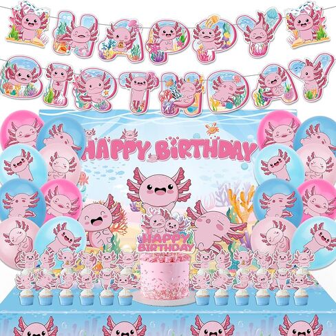 43Pcs Blue Axolotl Birthday Party Decorations Include Happy Birthday Banner-Balloons-Cake Topper-Cupcake Toppers-Backdrop for Axolotl Boy Birthday Party Supplies in Kuwait