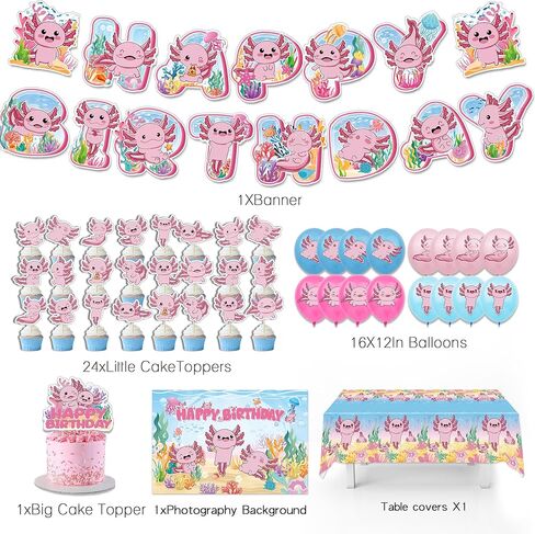 43Pcs Blue Axolotl Birthday Party Decorations Include Happy Birthday Banner-Balloons-Cake Topper-Cupcake Toppers-Backdrop for Axolotl Boy Birthday Party Supplies in Kuwait