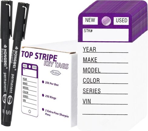 Top Stripe Purple 250 Pcs Key Tags with 250 Rings & 2 Black Markers - Heavy Duty, Waterproof, Write On, Tear Proof, Car Dealership Vinyl Poly Key Tags in Saudi Arabia
