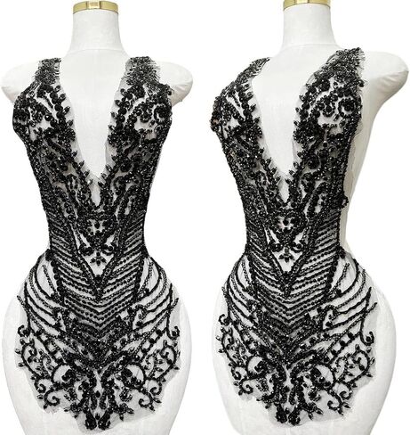 Handmade Rhinestones Large Bodice Applique Glass Stones Beads Bright Crystal Lace Patches Accessories for Weding Dress Decorations (Black) in Kuwait