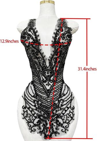 Handmade Rhinestones Large Bodice Applique Glass Stones Beads Bright Crystal Lace Patches Accessories for Weding Dress Decorations (Black) in Kuwait