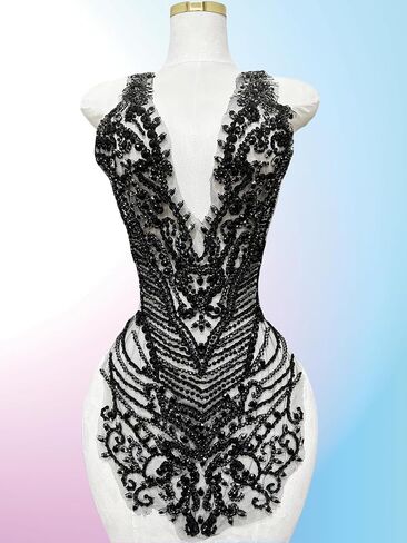 Handmade Rhinestones Large Bodice Applique Glass Stones Beads Bright Crystal Lace Patches Accessories for Weding Dress Decorations (Black) in Kuwait