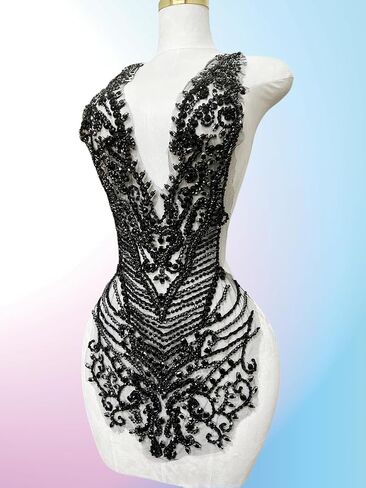 Handmade Rhinestones Large Bodice Applique Glass Stones Beads Bright Crystal Lace Patches Accessories for Weding Dress Decorations (Black) in Kuwait