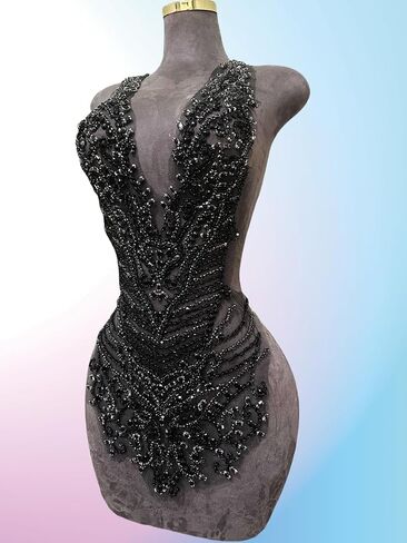Handmade Rhinestones Large Bodice Applique Glass Stones Beads Bright Crystal Lace Patches Accessories for Weding Dress Decorations (Black) in Kuwait