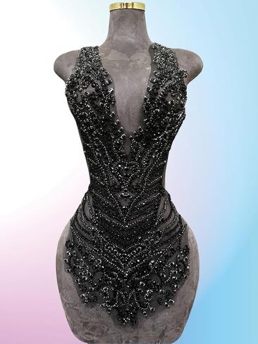 Handmade Rhinestones Large Bodice Applique Glass Stones Beads Bright Crystal Lace Patches Accessories for Weding Dress Decorations (Black) in Kuwait