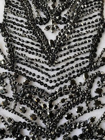 Handmade Rhinestones Large Bodice Applique Glass Stones Beads Bright Crystal Lace Patches Accessories for Weding Dress Decorations (Black) in Kuwait
