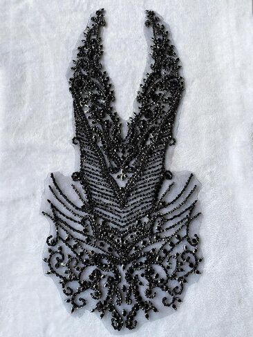 Handmade Rhinestones Large Bodice Applique Glass Stones Beads Bright Crystal Lace Patches Accessories for Weding Dress Decorations (Black) in Kuwait