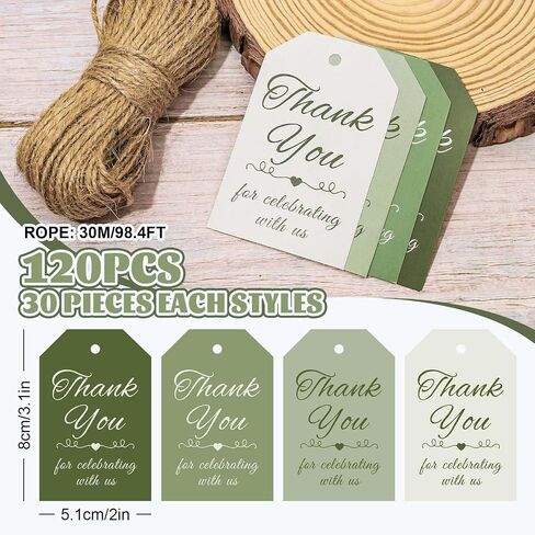 120pcs Sage Green Thank You Tags 4 Colors Bradient Green Hanging Labels with Hemp rop in Saudi Arabia