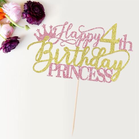 Princess 4th Birthday Cake Topper - Happy 4th Birthday Cake Supplies for Girl - Girl four Years Old Birthday Party Decorations - Pink & Gold Glitter in Saudi Arabia