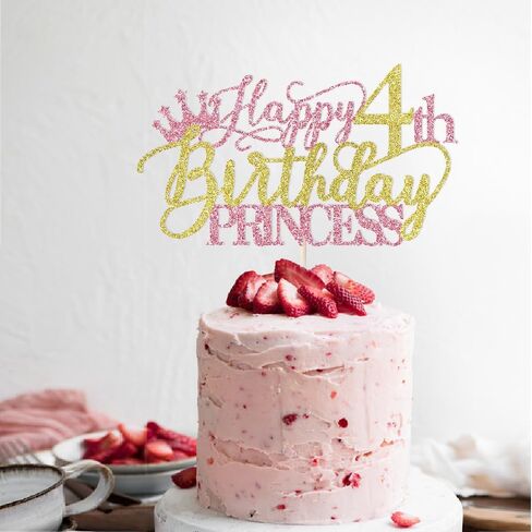 Princess 4th Birthday Cake Topper - Happy 4th Birthday Cake Supplies for Girl - Girl four Years Old Birthday Party Decorations - Pink & Gold Glitter in Saudi Arabia