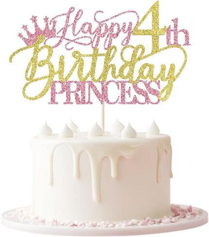 Princess 4th Birthday Cake Topper - Happy 4th Birthday Cake Supplies for Girl - Girl four Years Old Birthday Party Decorations - Pink & Gold Glitter in Saudi Arabia