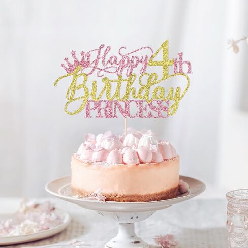 Princess 4th Birthday Cake Topper - Happy 4th Birthday Cake Supplies for Girl - Girl four Years Old Birthday Party Decorations - Pink & Gold Glitter in Saudi Arabia
