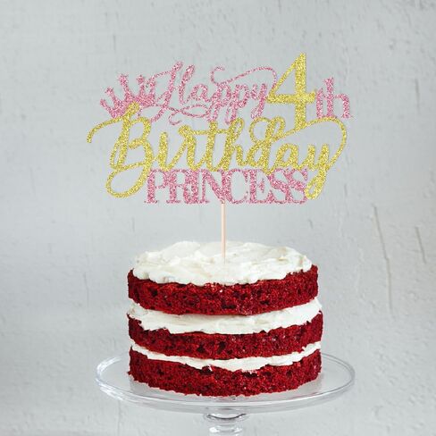 Princess 4th Birthday Cake Topper - Happy 4th Birthday Cake Supplies for Girl - Girl four Years Old Birthday Party Decorations - Pink & Gold Glitter in Saudi Arabia