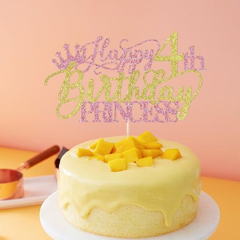 Princess 4th Birthday Cake Topper - Happy 4th Birthday Cake Supplies for Girl - Girl four Years Old Birthday Party Decorations - Pink & Gold Glitter in Saudi Arabia