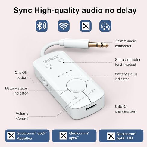 جهاز إرسال صوت بلوتوث 5.3 للطائرة: يدعم مشاركة الصوت aptX مع 2 airpods أو سماعات الرأس - محول بلوتوث لاسلكي AUX 3.5 مم للطائرة، والسفر، وخطوط الطيران، والتلفزيون، وصالة الألعاب الرياضية، والأجهزة اللوحية in Kuwait