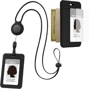 BONE Lanyard Retractable Badge Holder, Cute Cartoon Cat ID Card Case with Card Slot & Anti-Slip Design, Adjustable Silicone Neck Strap with Retractable Cord (Black - Horizontal - Maio Cat)