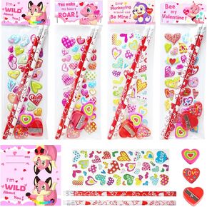 28 Pack Valentines Day Stationery Kids Gift Set with Pencils, Erasers, Cards, Stickers for Kids Valentines Day Classroom Gifts and Party Favors