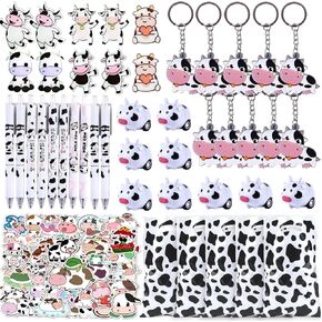 JOYMEMO 100 Pcs Cow Party Favors Supplies, Include Keychains Stickers Cow Treat Goodie Bags Pens, Cow Theme Birthday Baby Shower Party Farmhouse Decorations
