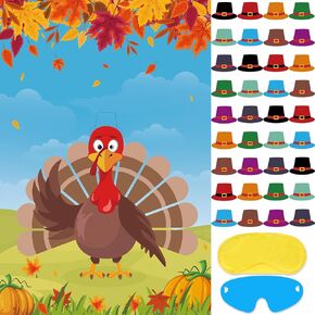Hxezoc Thanksgiving Party Games, Pin The Hat on The Turkey Game with 36 Pcs Hat Stickers, Large Turkey Game Poster for Kids Thanksgiving Party Birthday Party Supplies
