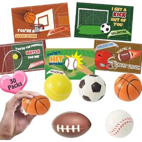 30 Pack Valentines Gifts for Kids with 30 Sport Balls and Valentine's Cards, Mini Sports Ball Squeeze Foam for Classroom Exchange Gift for Kids, Reward Prizes, Stress and Anxiety Relief