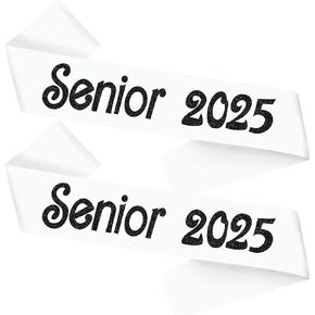 Senior 2025 Sash, Class of 2025 Senior Sash White Sash with Black Glitter Finally Graduated Cheerleader Sash for Graduation Party Supplies 2 Pack Senior Sashes White Black 2pcs